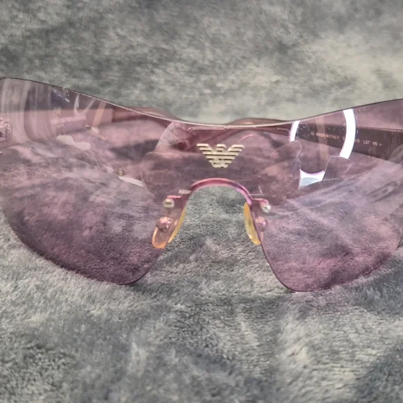 Emporio Armani Women's Rimless Shield Sunglasses — Purple Lens with Gold Trim - Picture 9 of 9